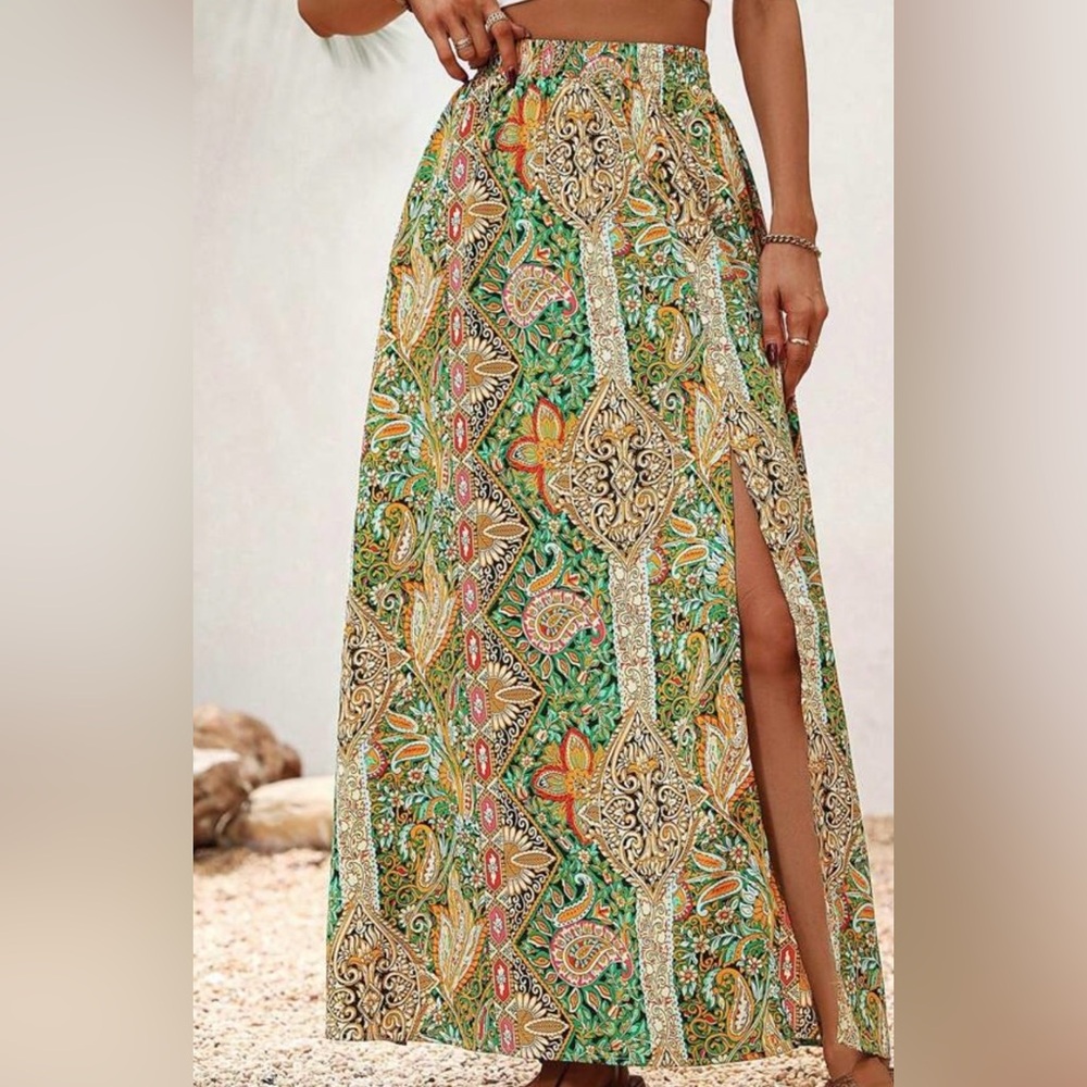 Bohemian Green Paisley Maxi Skirt